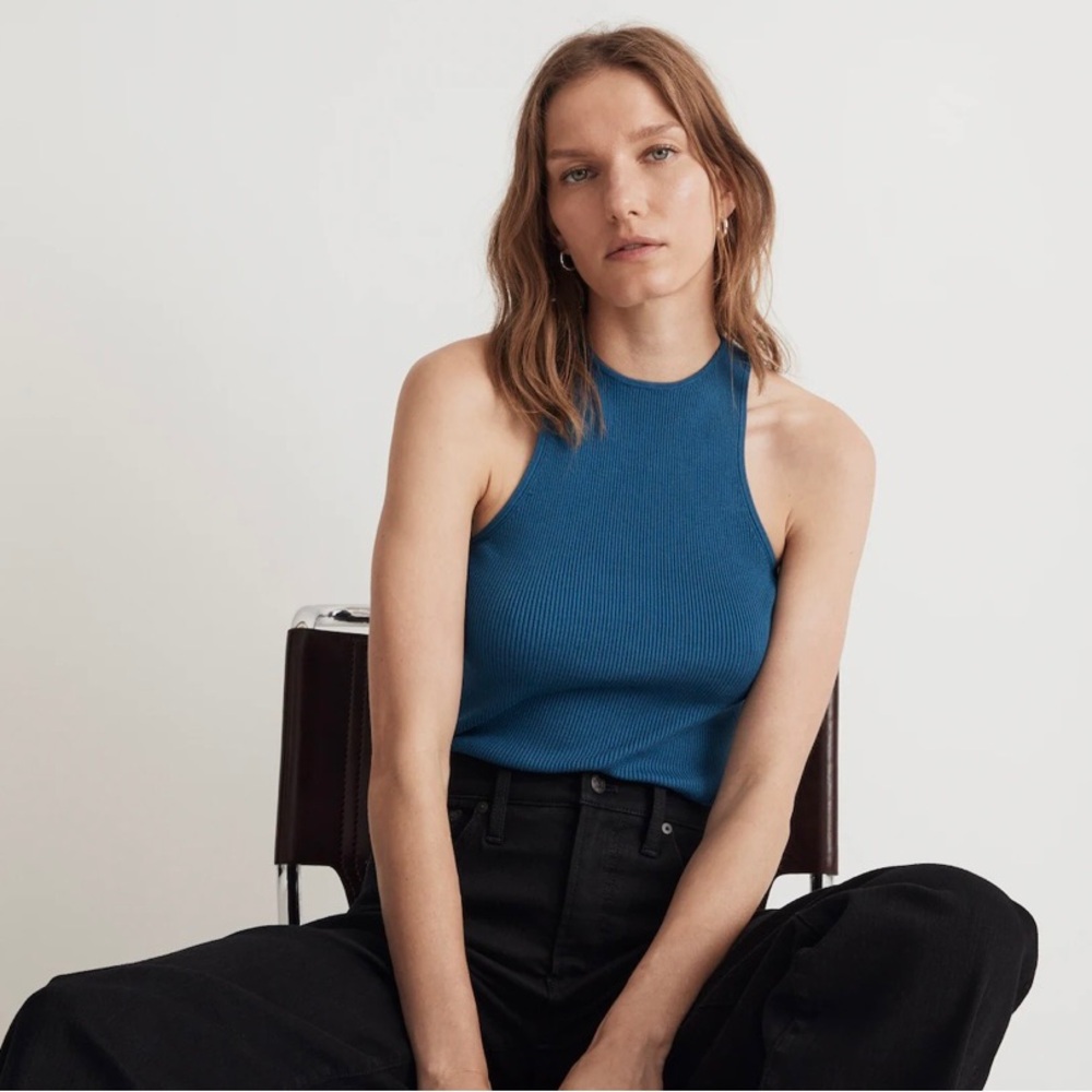 NWT Madewell The Signature Knit Cutaway Sweater Tank Pacific Cove Blue